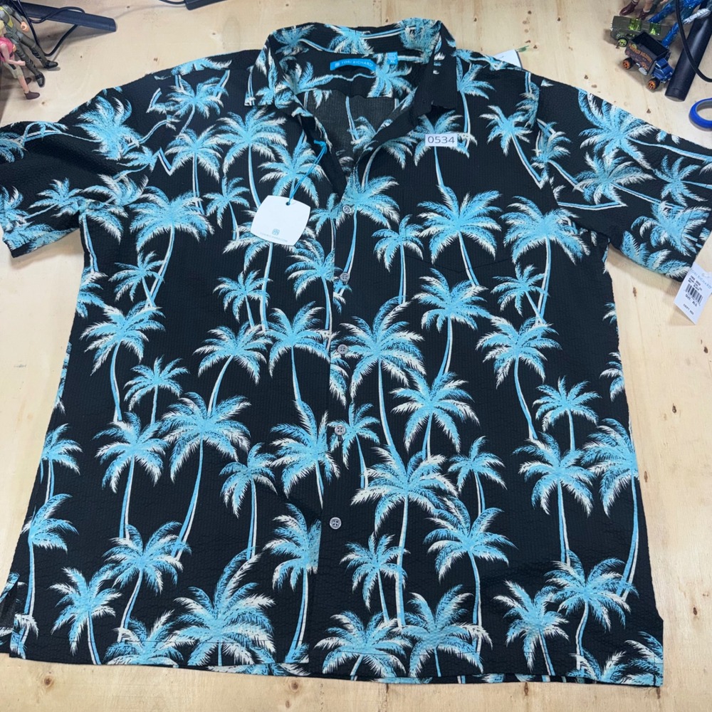 NWT Tori Richard Mens XL Palm Tree Hawaiian Shirt Black Blue Short Sleeve Hawaii